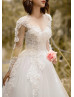 Long Sleeve Beaded Ivory Lace Sparkle Tulle Wedding Dress